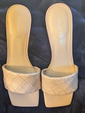 Marc Fisher Woven Strap Square-Toe Slide Sandals in Beige